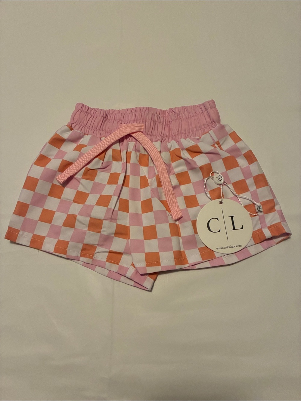 Caden Lane Pink and Orange Check Swim Trunks